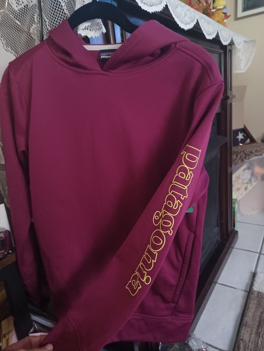 Patagonia Kids Maroon Hoodie with Yellow Sleeve Logo